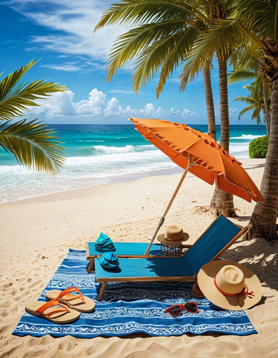 A stunning beach scene featuring a diverse group of fashionable individuals showcasing trendy beachwear, wide-brimmed hats, vibrant sarongs, and stylish sunglasses. Sunlight sparkles on the ocean waves, highlighting a colorful beach towel with a designer handbag and flip-flops nearby. The atmosphere is lively with beach umbrellas and palm trees framing the scene, creating a summery vibe. super-realistic. vibrant colors. 3D.
